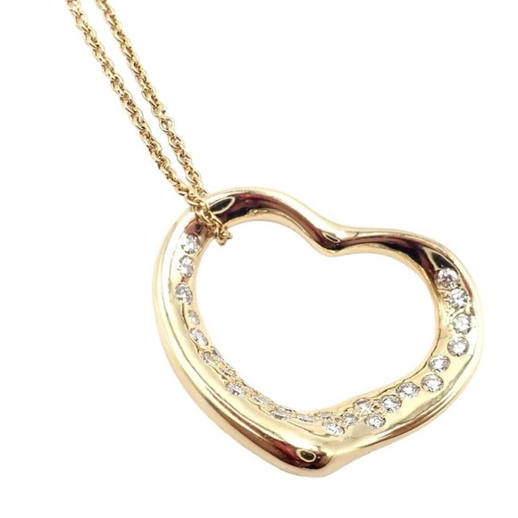 Authentic! Tiffany & Co Elsa Peretti 18k Yellow Gold Diamond Open Heart Necklace - Picture 9 of 10